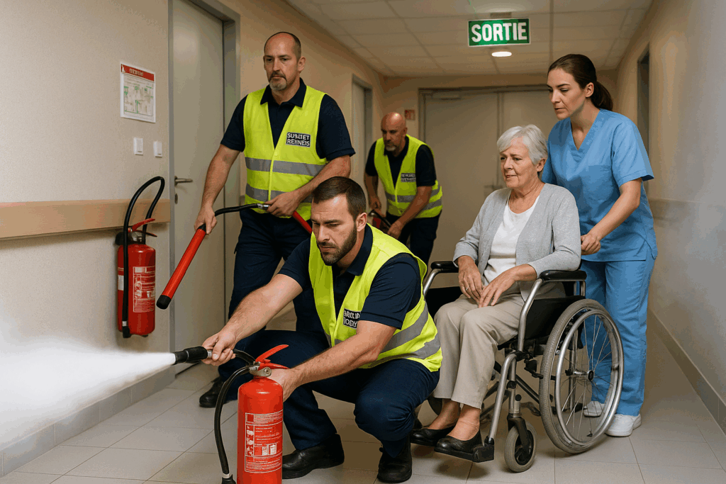 Exercice d'évacuation incendie à l'hôpital avec extincteurs.