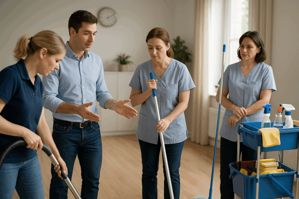 Équipe de nettoyage en discussion au travail.