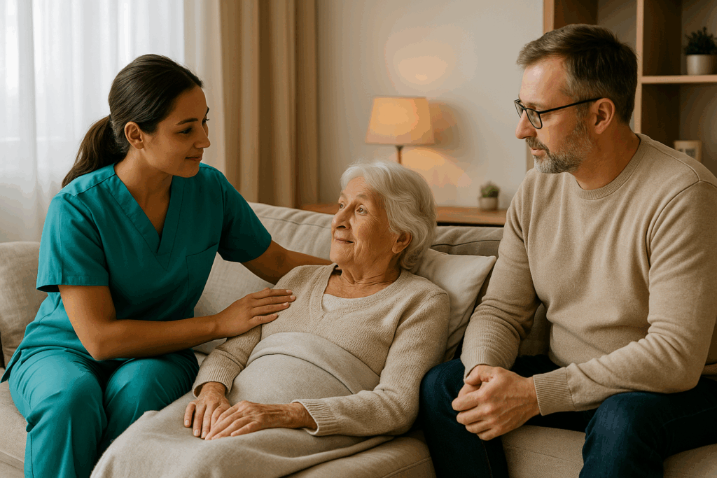 Infirmière réconfortant patiente âgée avec un visiteur.