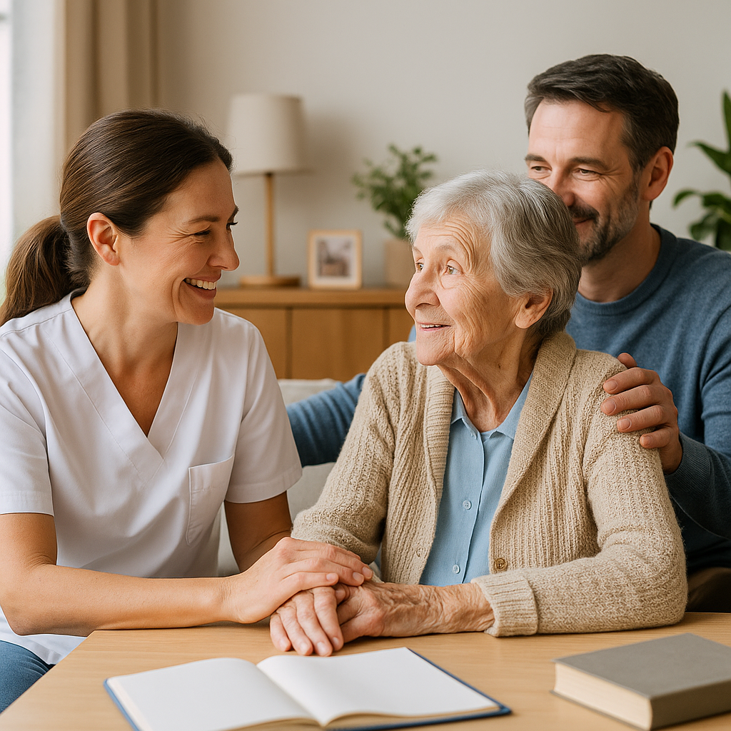 Personnel soignant aidant une femme âgée souriante.