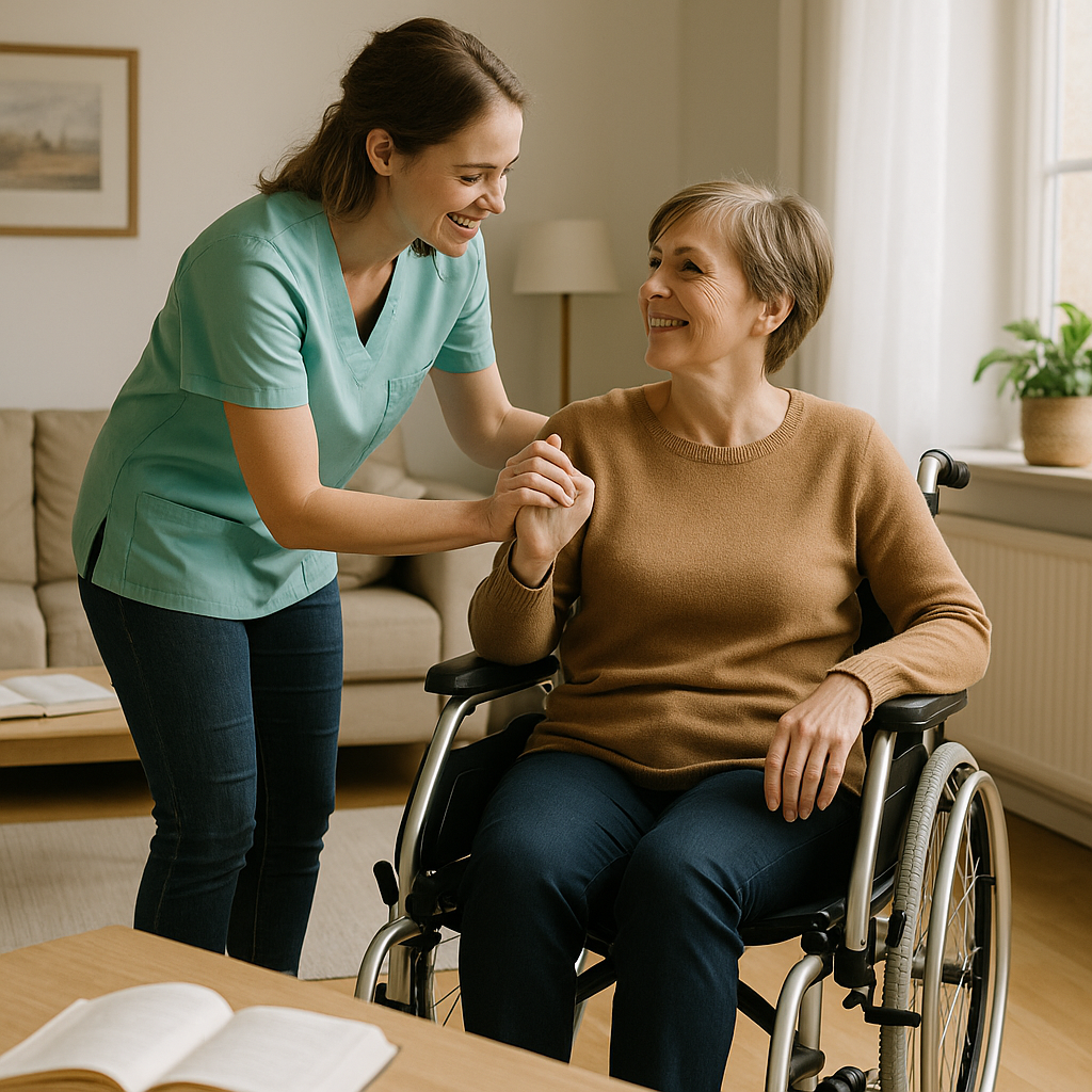 Aide soignante aidant une personne en fauteuil roulant.