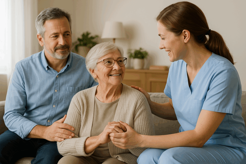 Infirmière souriante aide une femme âgée assise.