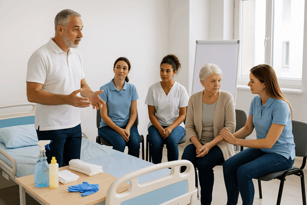 Formation en soins médicaux avec des infirmières et patients.