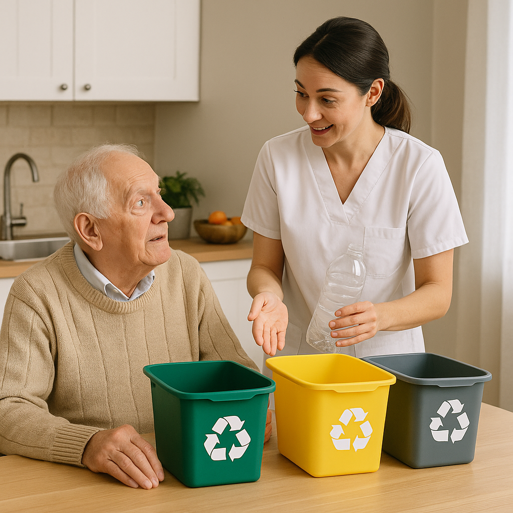 Tri sélectif avec aide-soignante et senior.