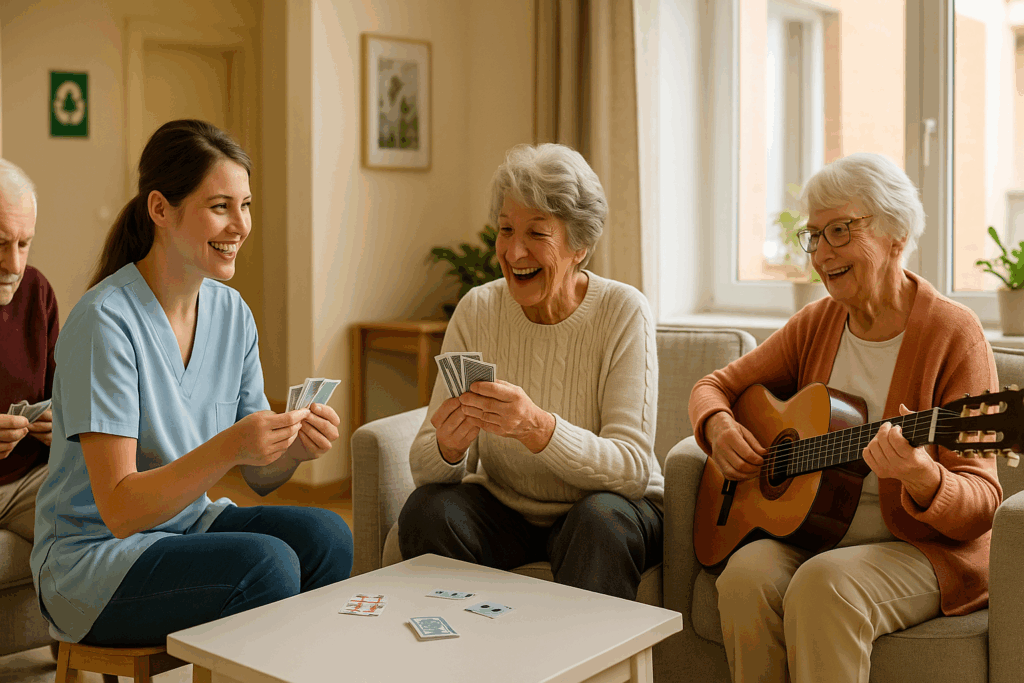 Personnes âgées jouant aux cartes et à la guitare.