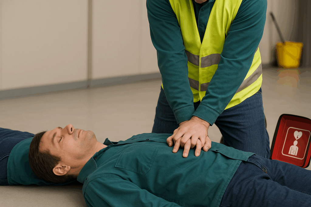 Secouriste effectuant massage cardiaque sur homme allongé.