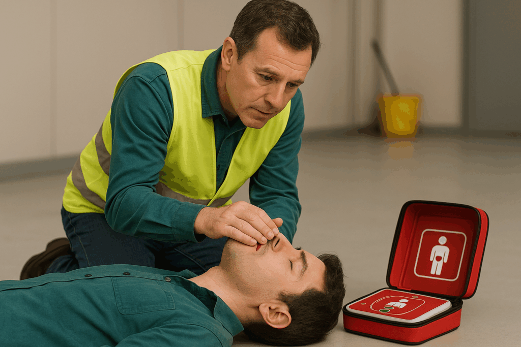 Secouriste administrant premier secours avec défibrillateur.