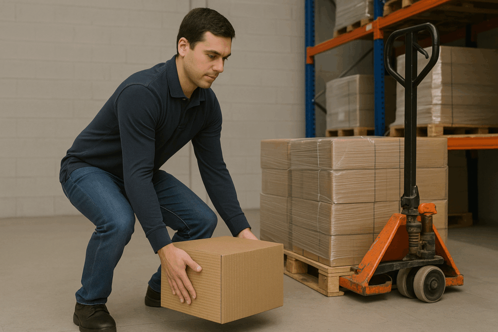 Homme soulève boîte entreposée sur palette
