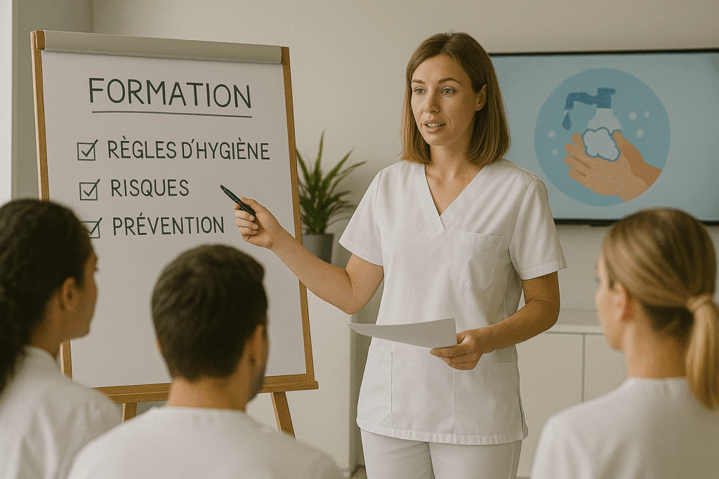 Formation hygiène avec infirmière pointant tableau