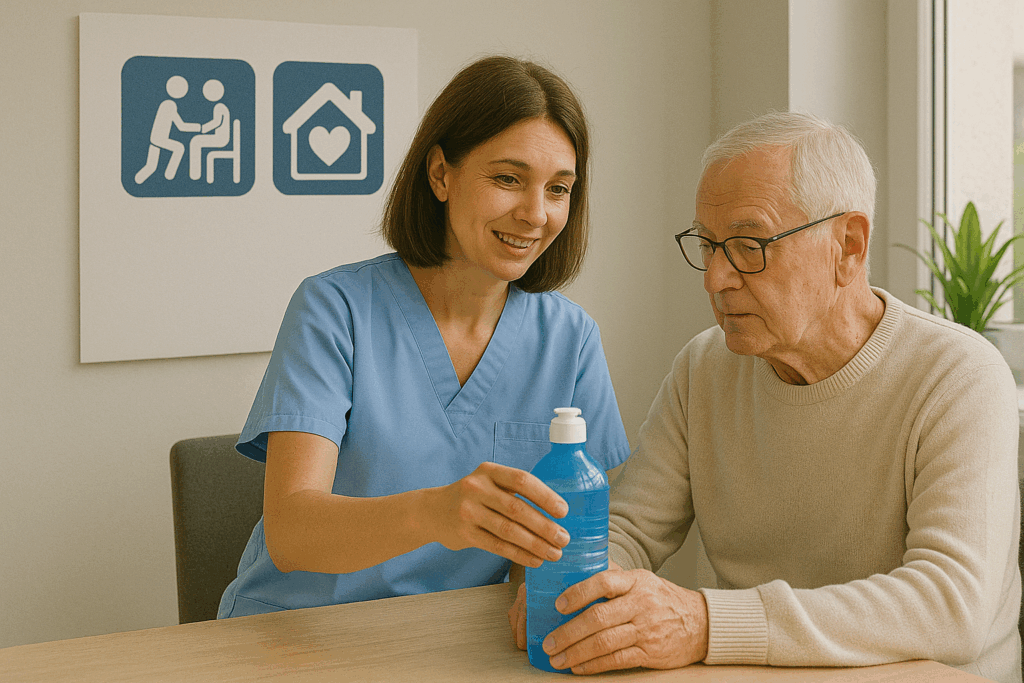 Aide-soignante et homme âgé avec bouteille d'eau