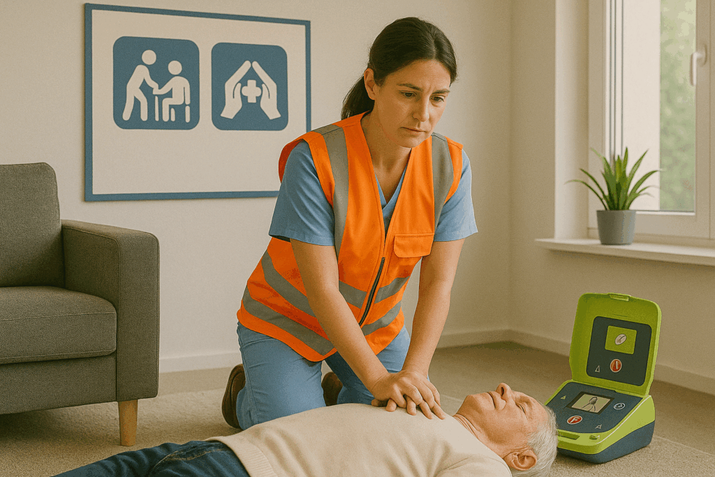 Premiers secours avec défibrillateur, massage cardiaque pratiqué.