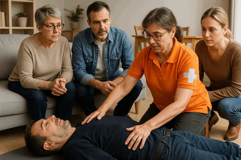 Formation premiers secours, groupe entourant un mannequin.