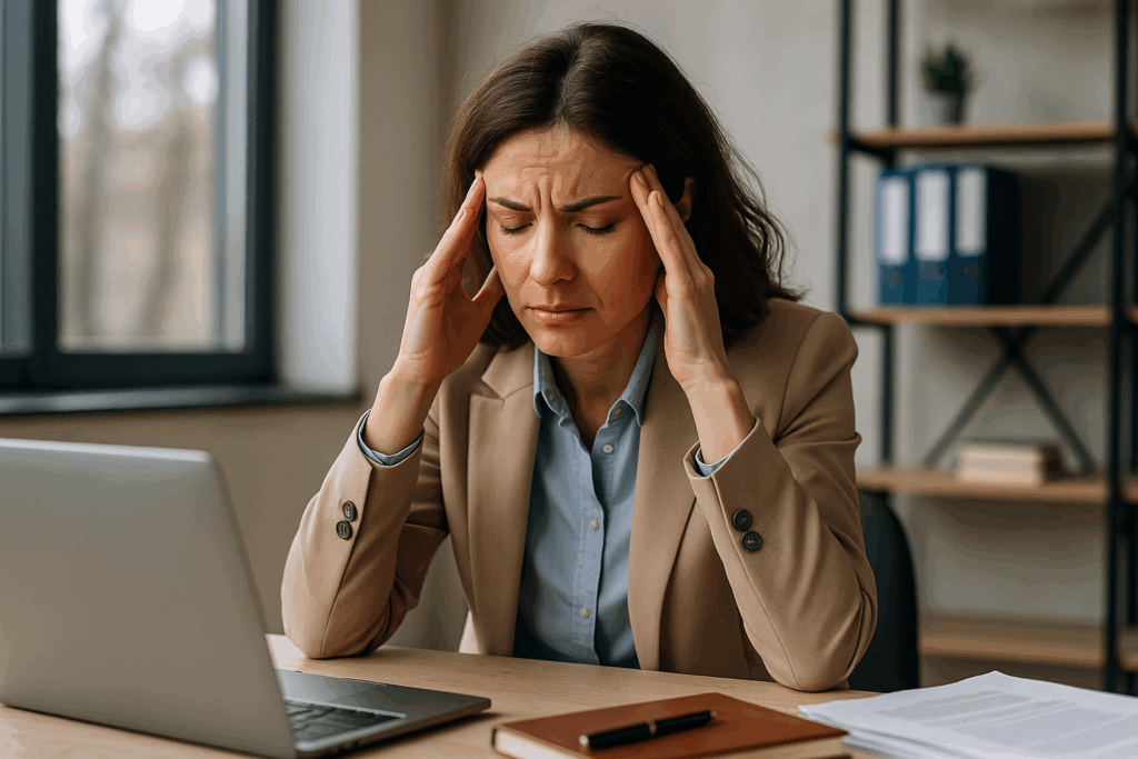 Femme stressée devant un ordinateur portable au bureau.