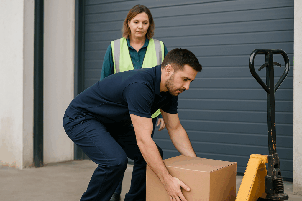 Homme soulève boîte sous supervision d'une femme.