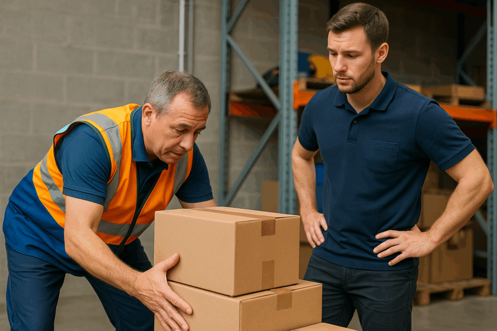 Homme organisant des cartons dans un entrepôt.