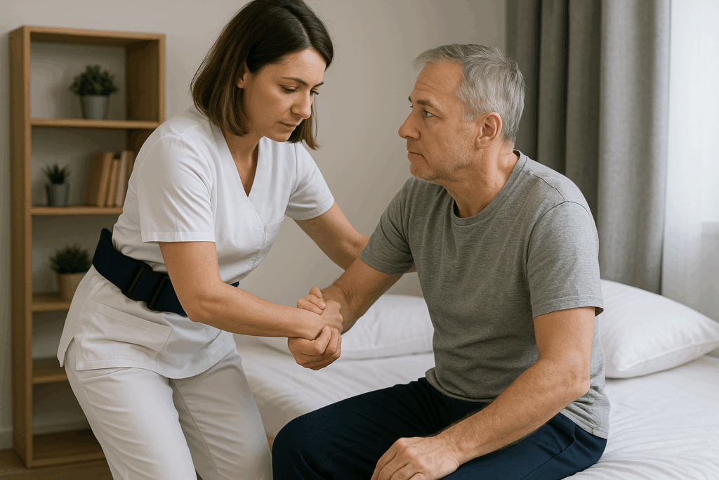 Infirmière aidant un patient à se lever.