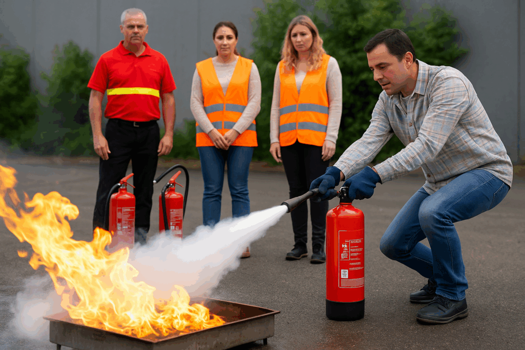 Exercice d'utilisation d'extincteur sur feu