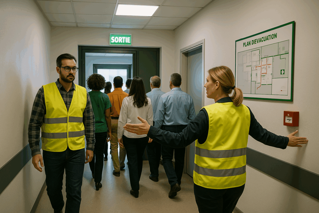 Exercice d'évacuation avec gilets de sécurité
