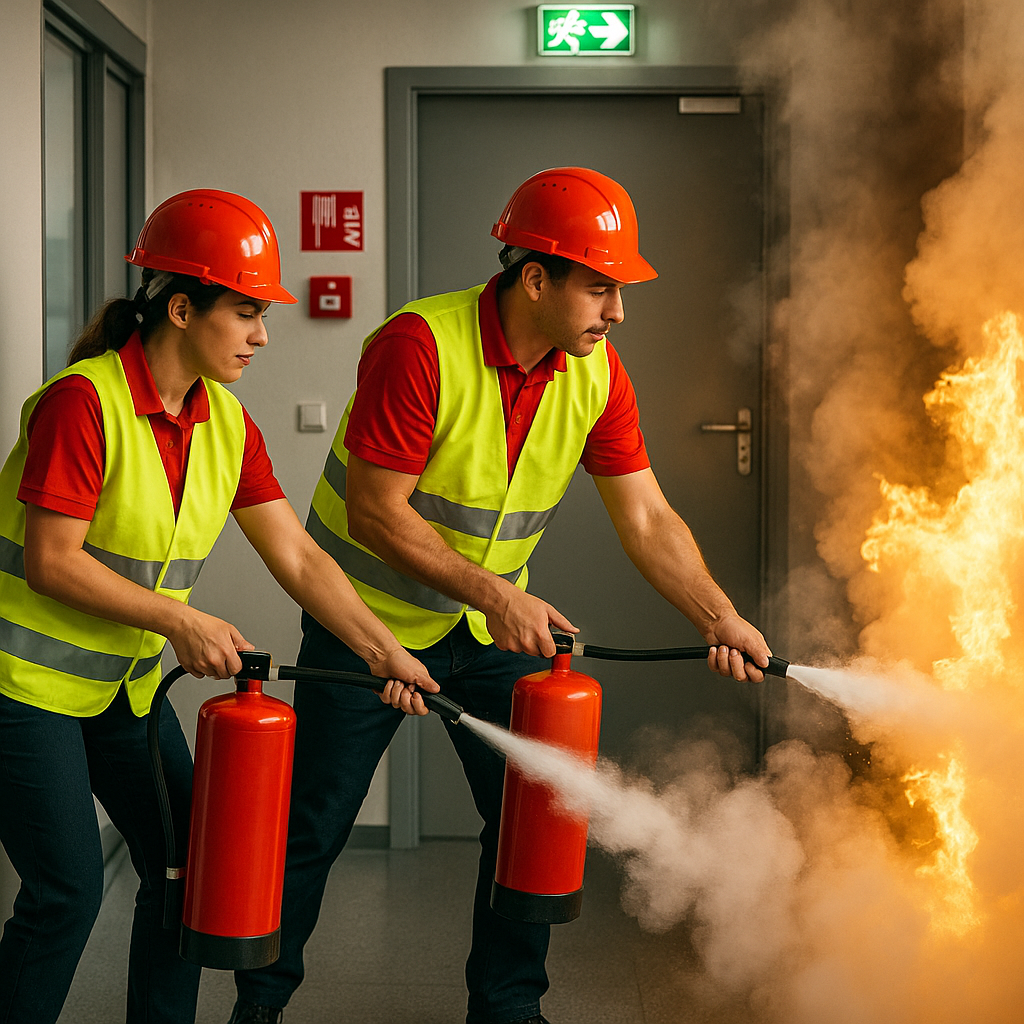 Deux personnes utilisent des extincteurs sur un incendie.