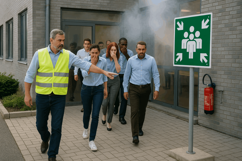 Évacuation d'urgence en entreprise avec point de rassemblement.