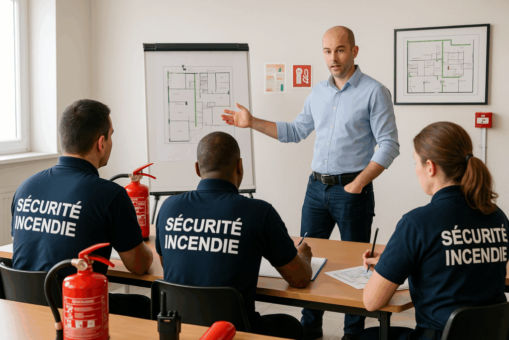 Formation sécurité incendie, pompier expliquant plan d'évacuation.