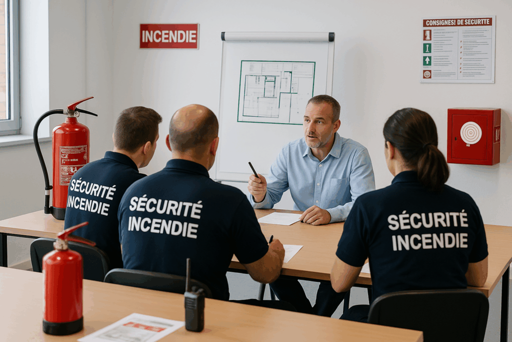 Formation de sécurité incendie en salle de réunion.