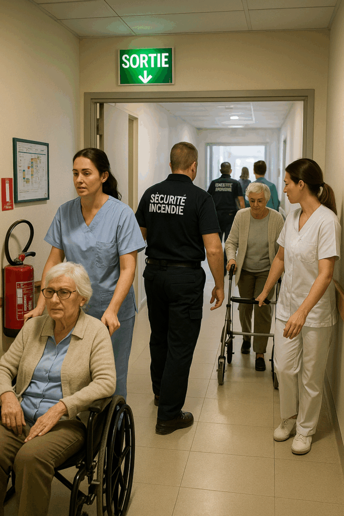 Évacuation d'un hôpital avec patients et personnel soignant.
