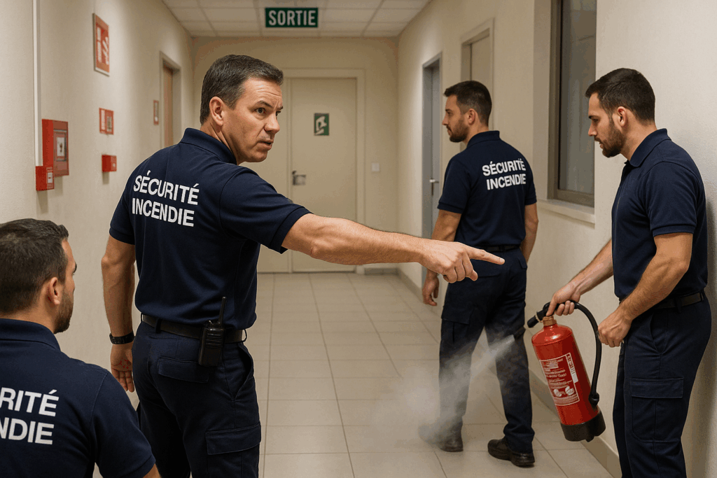 Personnel de sécurité incendie en action dans un couloir.