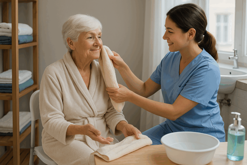 Aide-soignante assiste dame âgée pour toilette quotidienne.